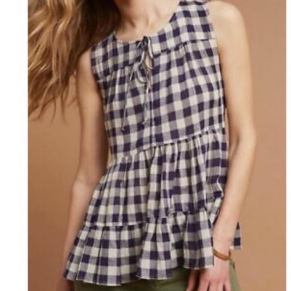 Anthropologie Blue Checkered Tiered Top